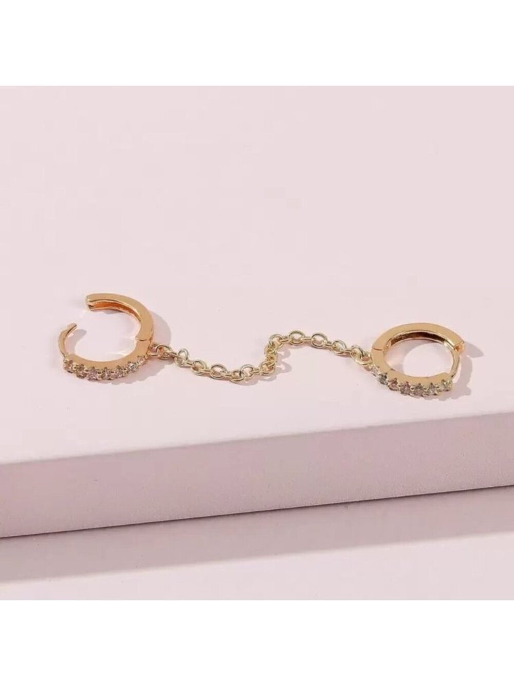 Gold 1pc Double Hoop Chain Earring— Dainty Linked Drop Design - Picture 2 of 3